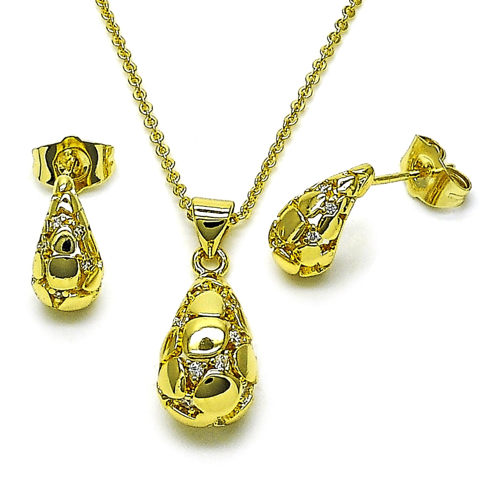 Oro Laminado Earring and Pendant Adult Set, Gold Filled Style Teardrop Design, with White Cubic Zirconia, Polished, Golden Finish