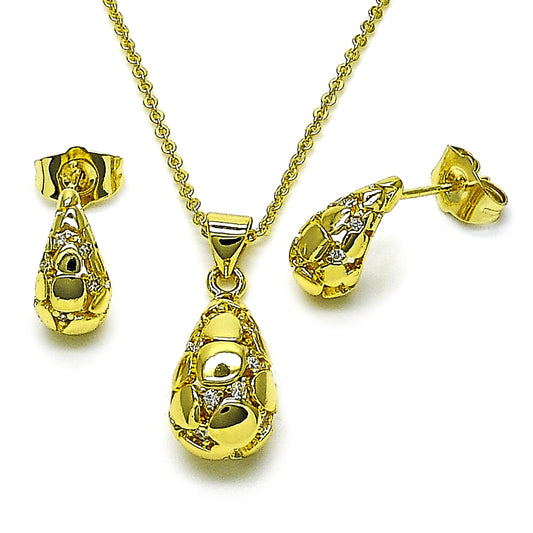 Oro Laminado Earring and Pendant Adult Set, Gold Filled Style Teardrop Design, with White Cubic Zirconia, Polished, Golden Finish