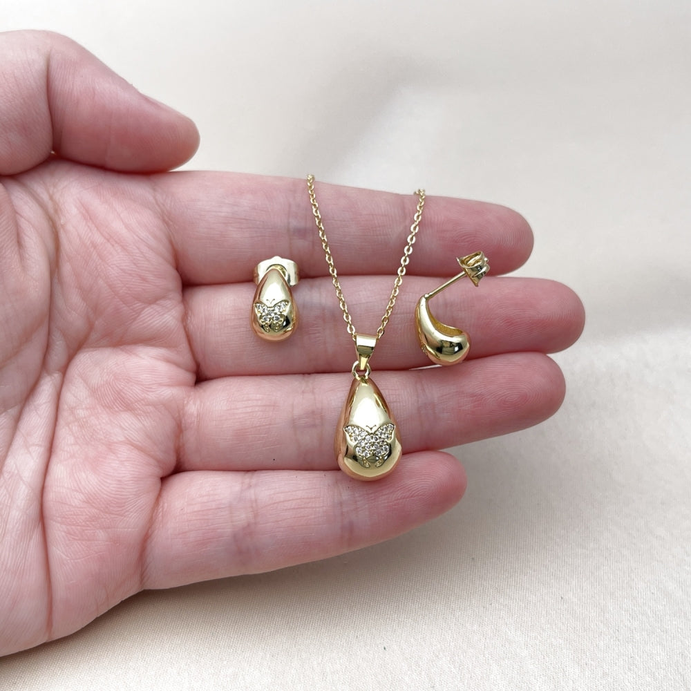 Oro Laminado Earring and Pendant Adult Set, Gold Filled Style Teardrop and Butterfly Design, with White Micro Pave, Polished, Golden Finish