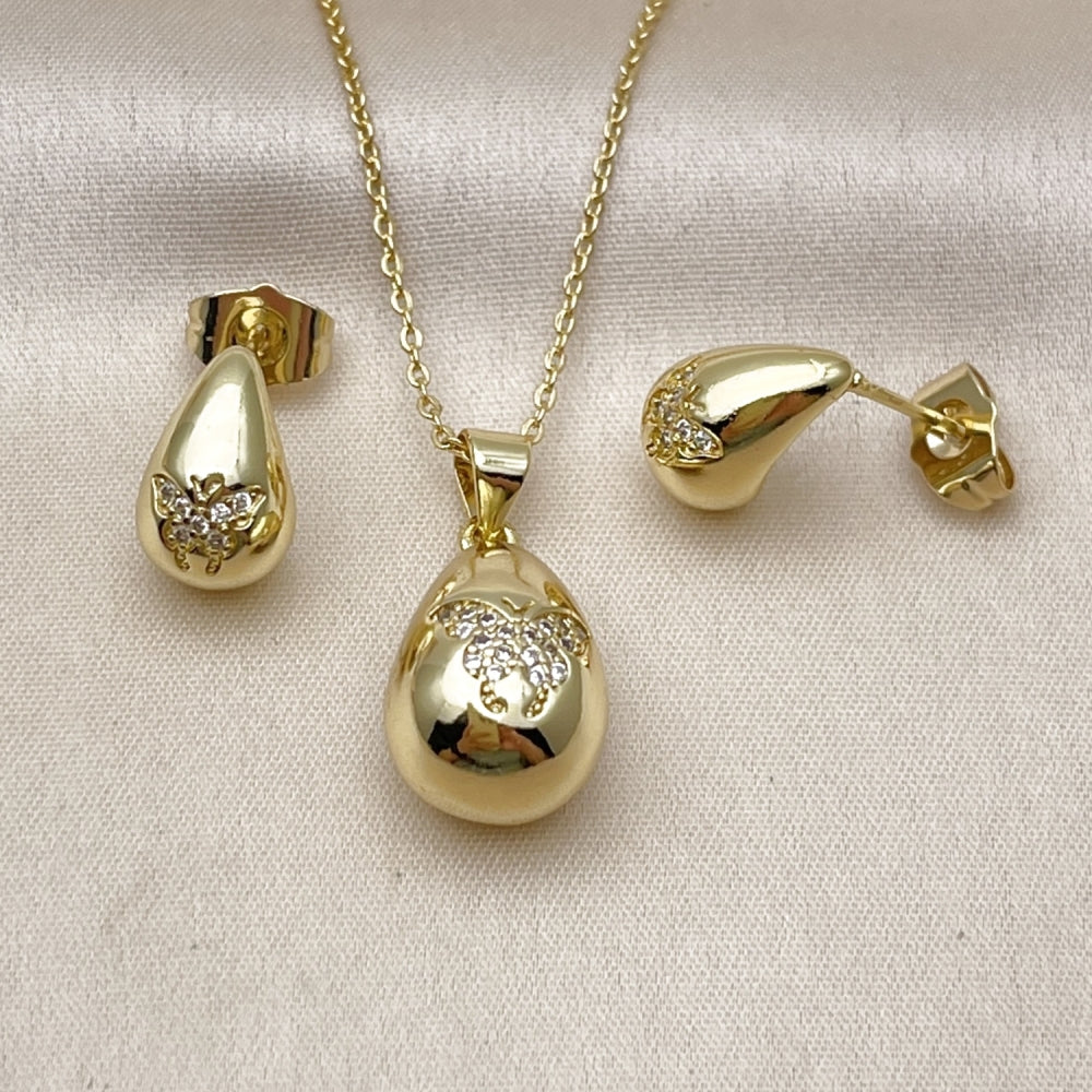 Oro Laminado Earring and Pendant Adult Set, Gold Filled Style Teardrop and Butterfly Design, with White Micro Pave, Polished, Golden Finish