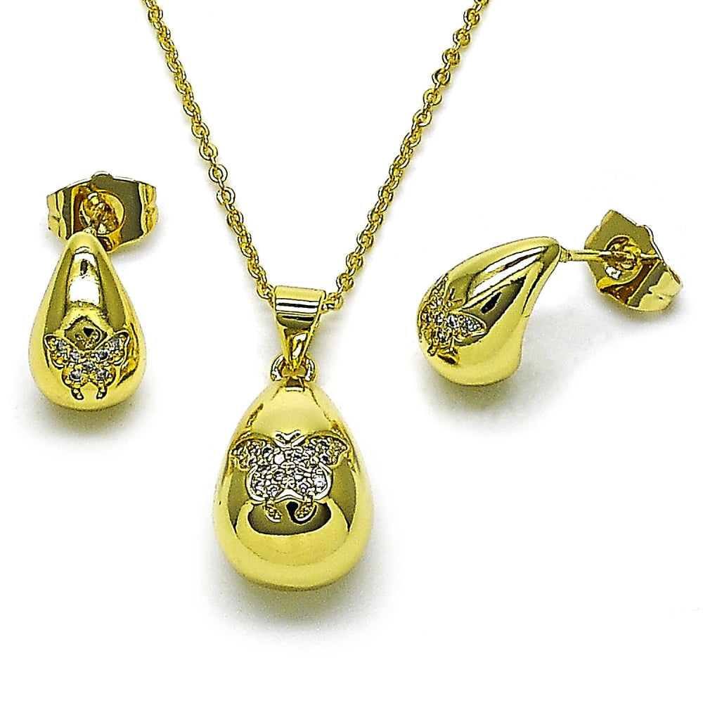 Oro Laminado Earring and Pendant Adult Set, Gold Filled Style Teardrop and Butterfly Design, with White Micro Pave, Polished, Golden Finish