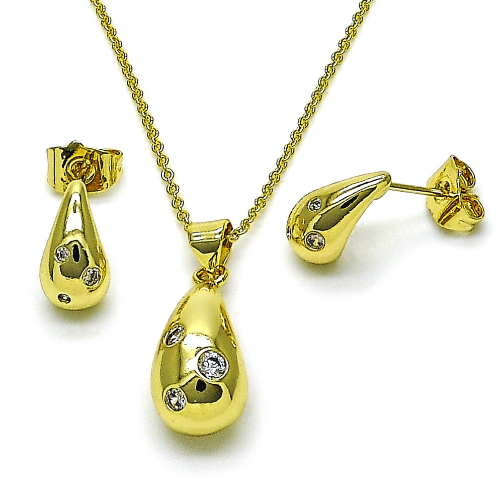 Oro Laminado Earring and Pendant Adult Set, Gold Filled Style Teardrop Design, with White Cubic Zirconia, Polished, Golden Finish
