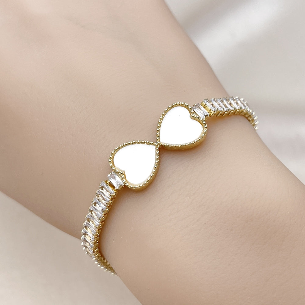 Oro Laminado Fancy Bracelet, Gold Filled Style Heart and Baguette Design, with Ivory Mother of Pearl and White Cubic Zirconia, Polished, Golden Finish