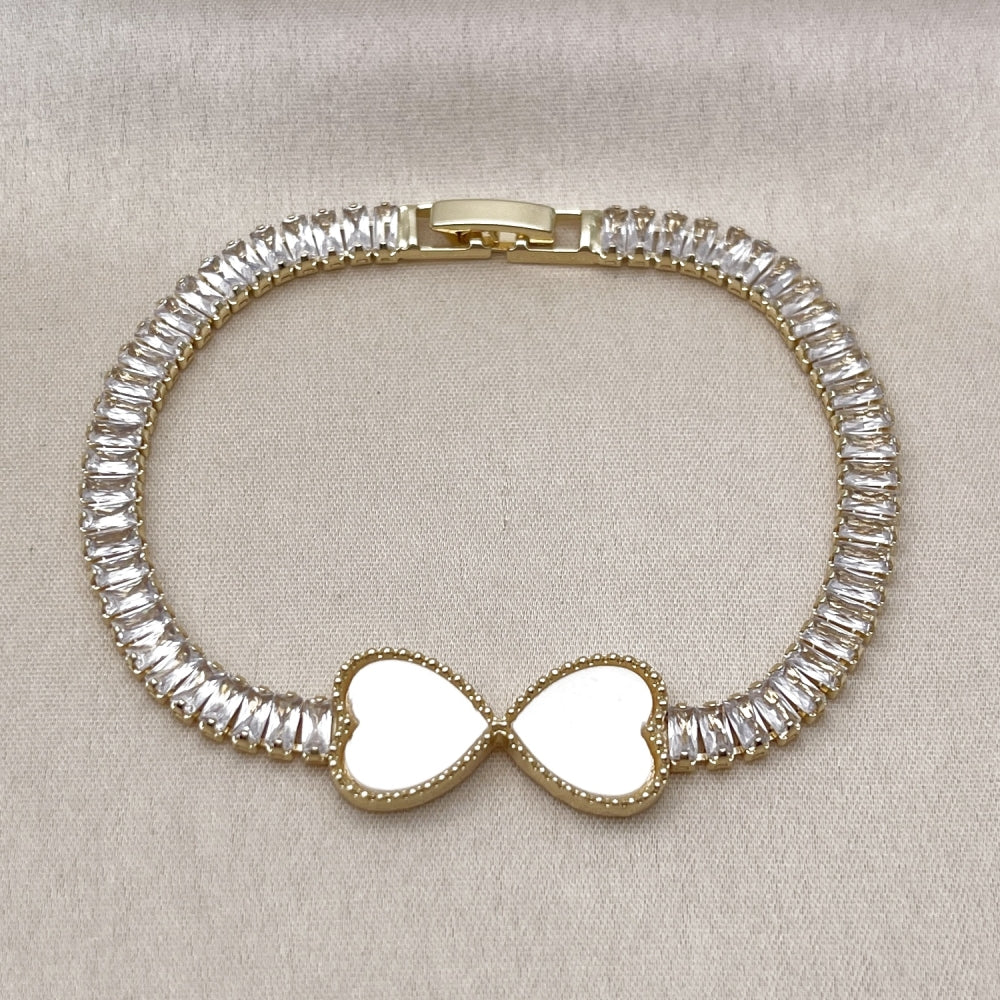 Oro Laminado Fancy Bracelet, Gold Filled Style Heart and Baguette Design, with Ivory Mother of Pearl and White Cubic Zirconia, Polished, Golden Finish