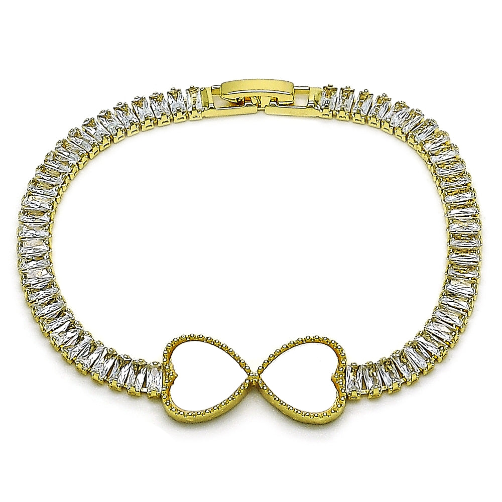 Oro Laminado Fancy Bracelet, Gold Filled Style Heart and Baguette Design, with Ivory Mother of Pearl and White Cubic Zirconia, Polished, Golden Finish