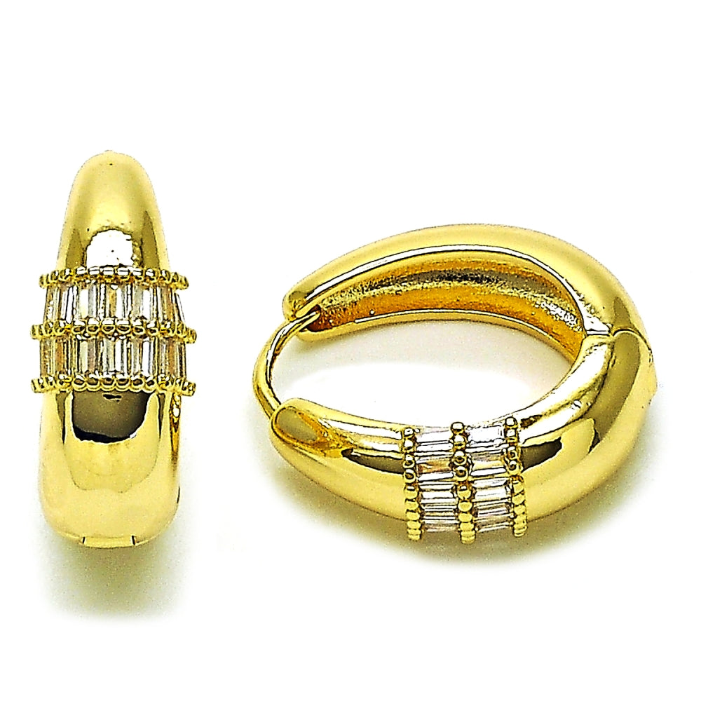 Oro Laminado Huggie Hoop, Gold Filled Style Baguette Design, with White Cubic Zirconia, Polished, Golden Finish