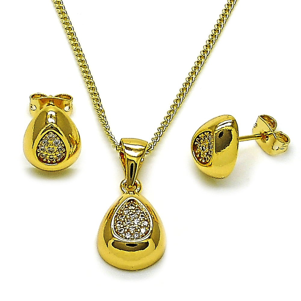 Oro Laminado Earring and Pendant Adult Set, Gold Filled Style Teardrop Design, with White Micro Pave, Polished, Golden Finish
