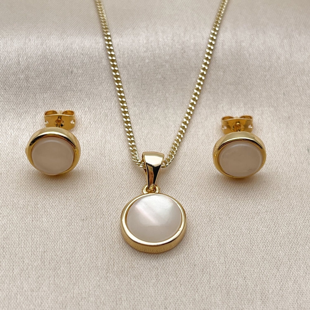 Oro Laminado Earring and Pendant Adult Set, Gold Filled Style with Ivory Opal, Polished, Golden Finish