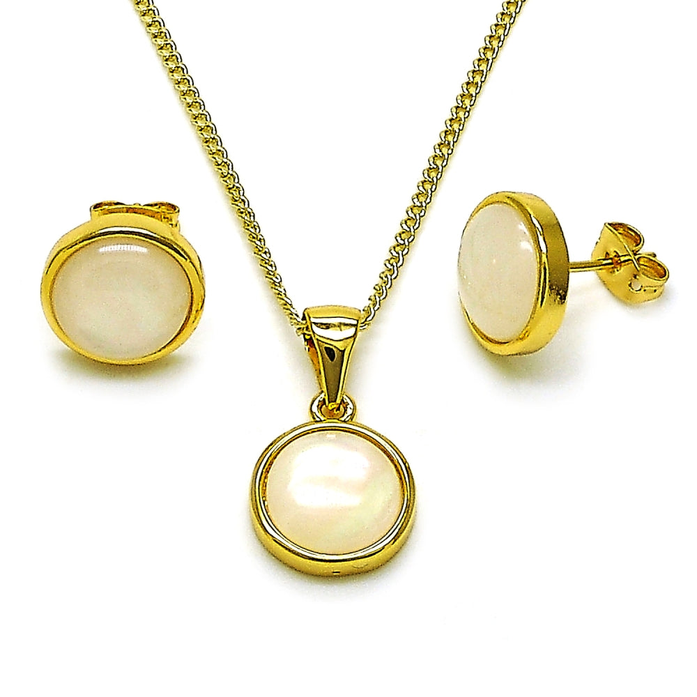 Oro Laminado Earring and Pendant Adult Set, Gold Filled Style with Ivory Opal, Polished, Golden Finish