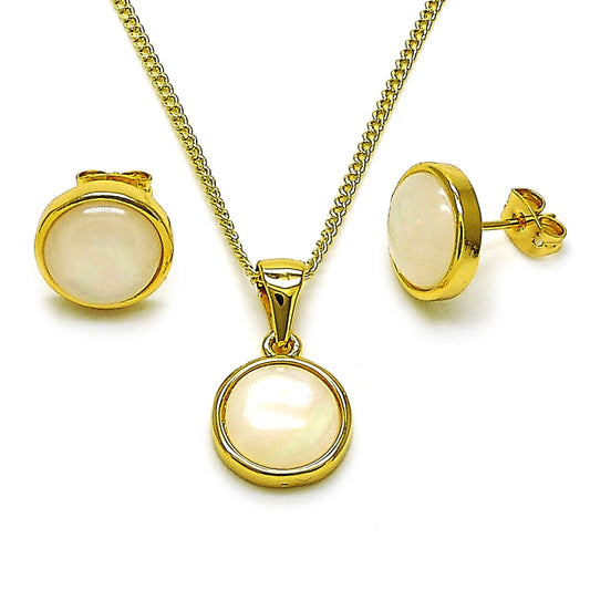 Oro Laminado Earring and Pendant Adult Set, Gold Filled Style with Ivory Opal, Polished, Golden Finish