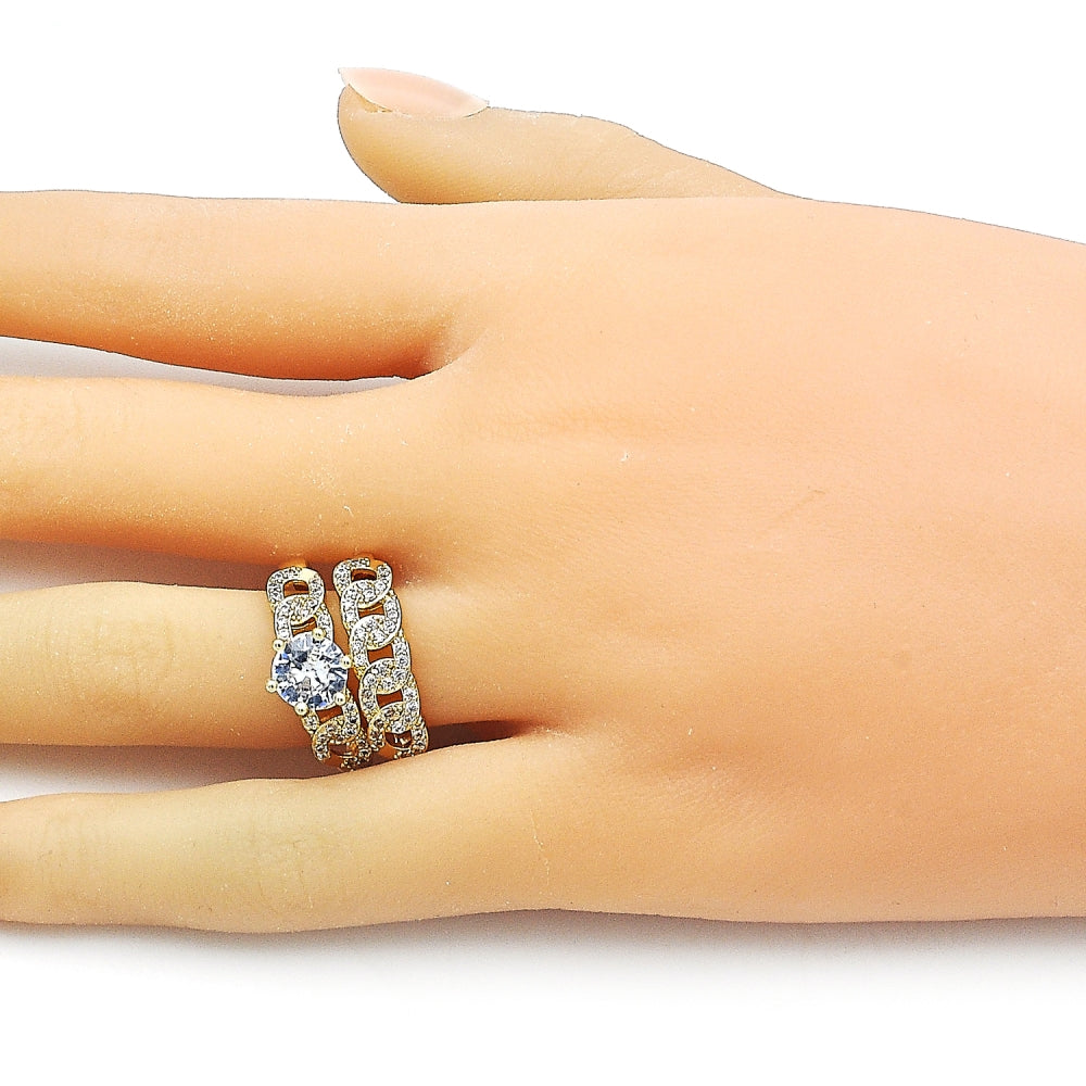 Oro Laminado Wedding Ring, Gold Filled Style Cluster and Miami Cuban Design, with White Cubic Zirconia and White Micro Pave, Polished, Golden Finish