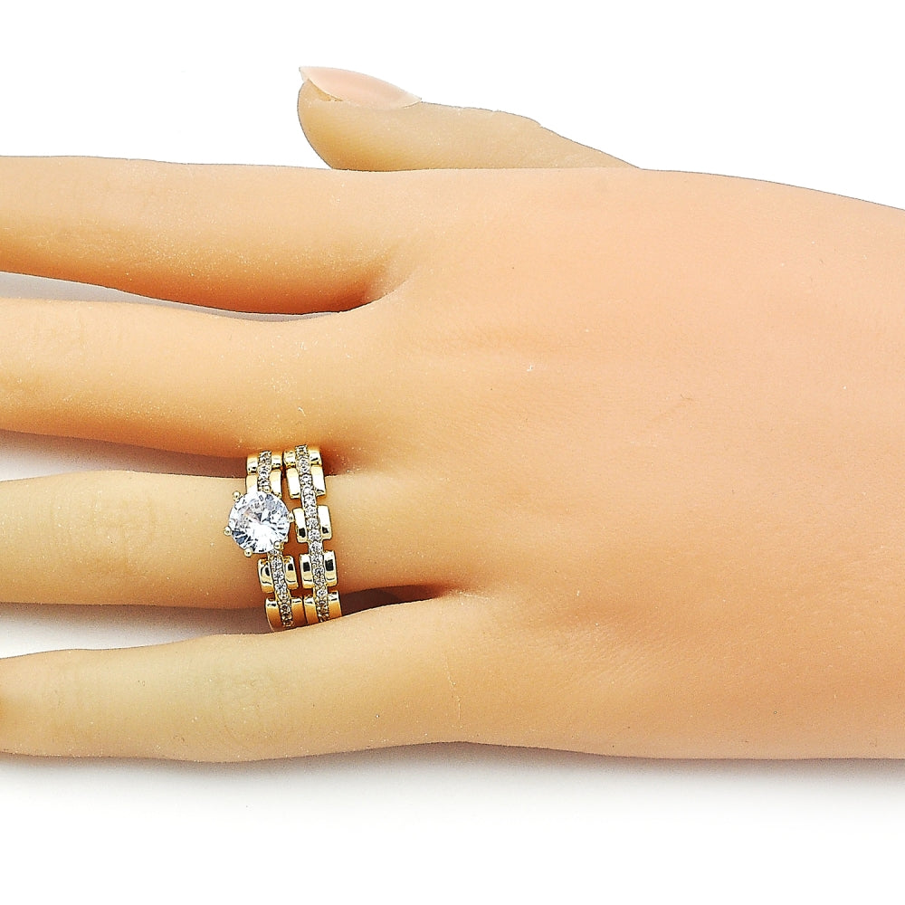 Oro Laminado Wedding Ring, Gold Filled Style Cluster Design, with White Cubic Zirconia and White Micro Pave, Polished, Golden Finish