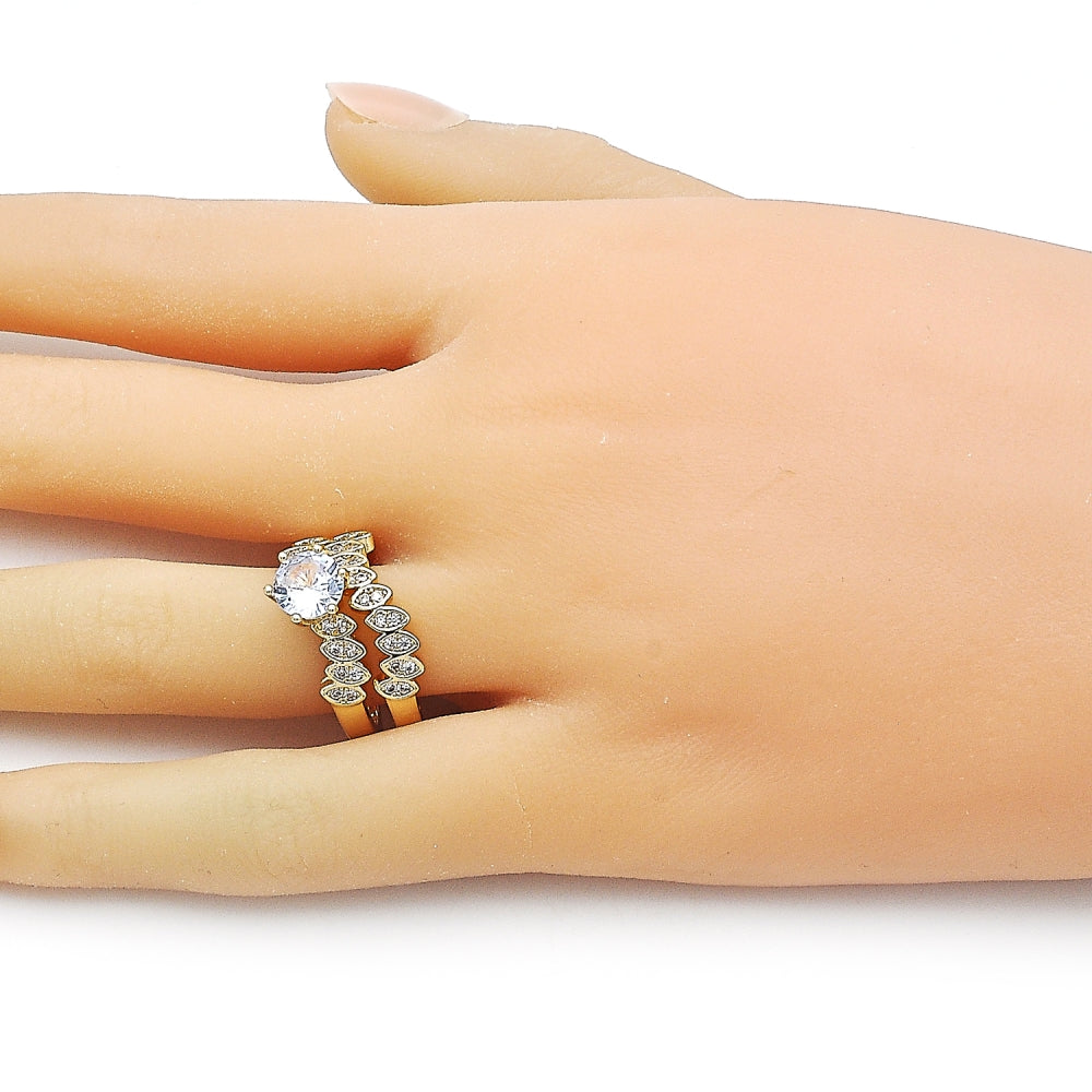 Oro Laminado Wedding Ring, Gold Filled Style Cluster and Leaf Design, with White Cubic Zirconia and White Micro Pave, Polished, Golden Finish