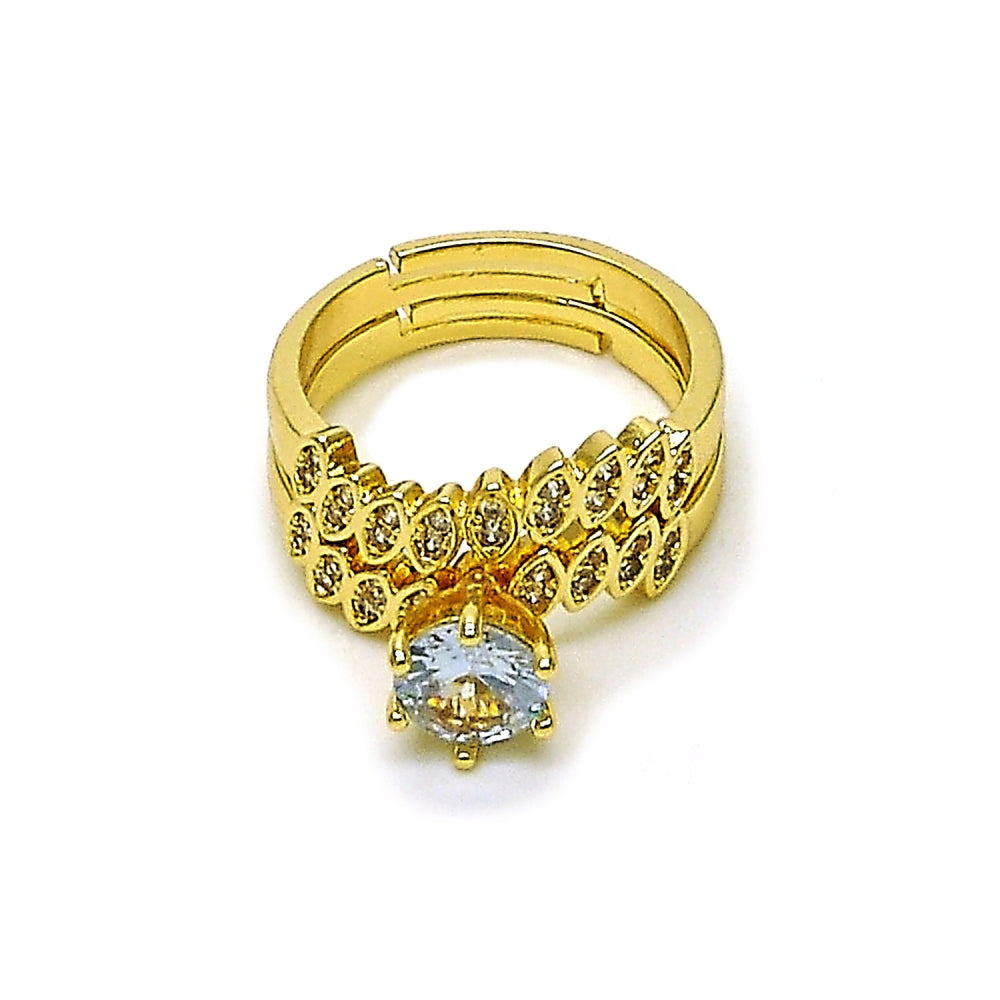 Oro Laminado Wedding Ring, Gold Filled Style Cluster and Leaf Design, with White Cubic Zirconia and White Micro Pave, Polished, Golden Finish