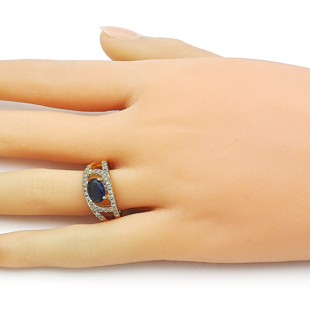 Oro Laminado Multi Stone Ring, Gold Filled Style Evil Eye Design, with Sapphire Blue and White Cubic Zirconia, Polished, Golden Finish