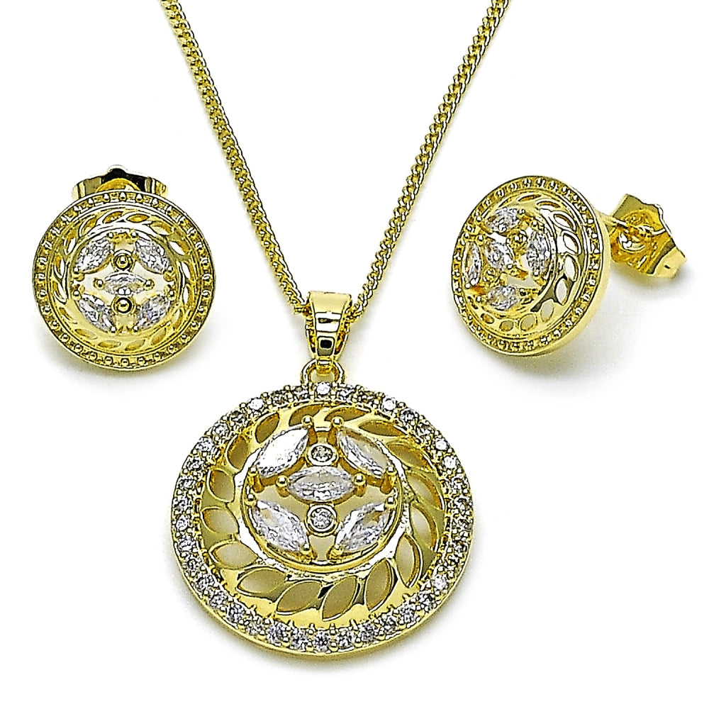 Oro Laminado Earring and Pendant Adult Set, Gold Filled Style Flower Design, with White Cubic Zirconia, Polished, Golden Finish