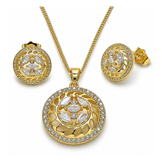 Oro Laminado Earring and Pendant Adult Set, Gold Filled Style Flower Design, with White Cubic Zirconia, Polished, Golden Finish