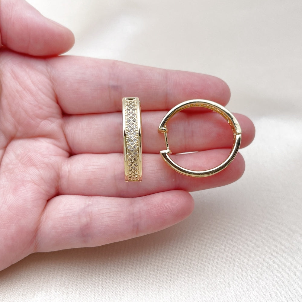 Oro Laminado Huggie Hoop, Gold Filled Style with White Micro Pave, Polished, Golden Finish