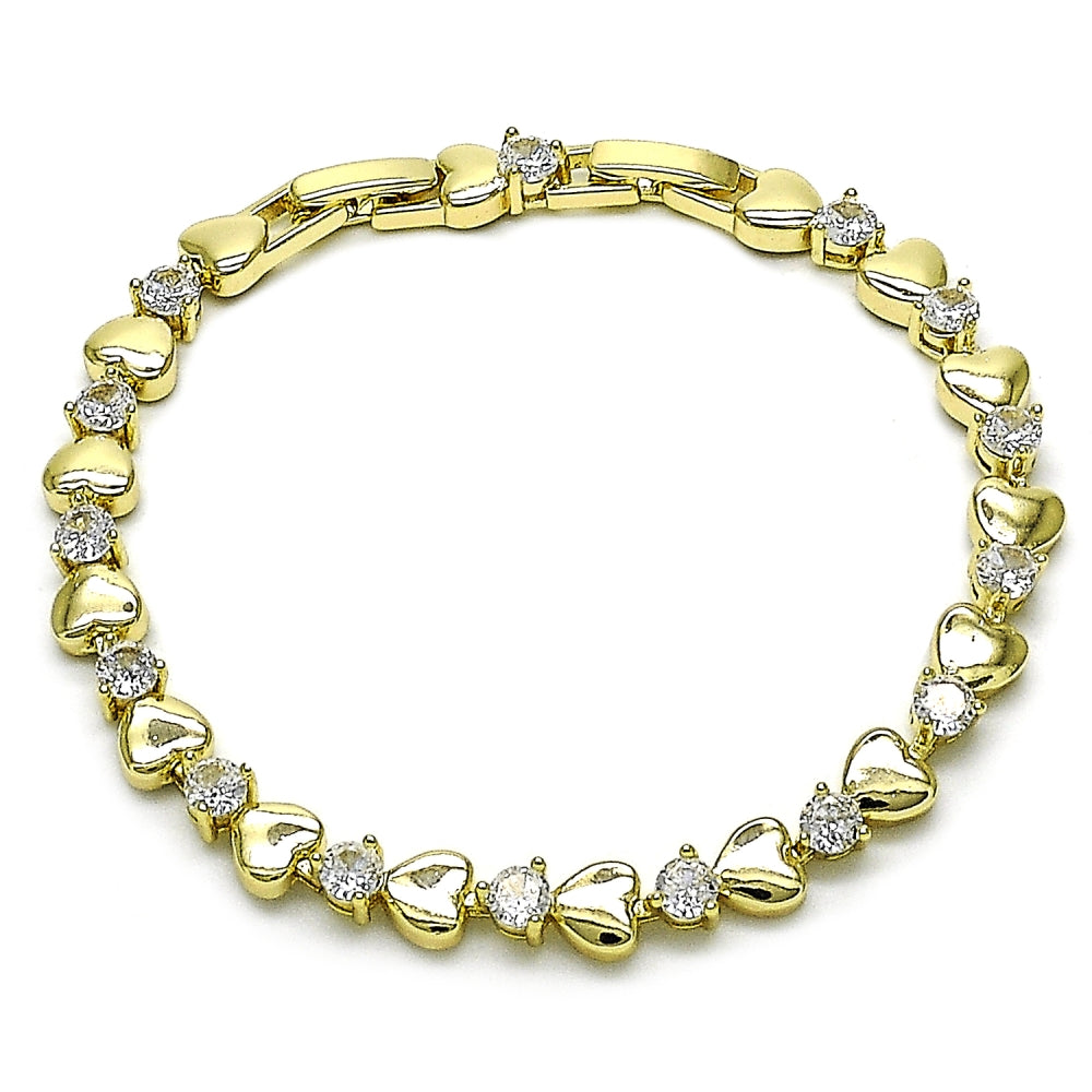 Oro Laminado Tennis Bracelet, Gold Filled Style Heart Design, with White Cubic Zirconia, Polished, Golden Finish
