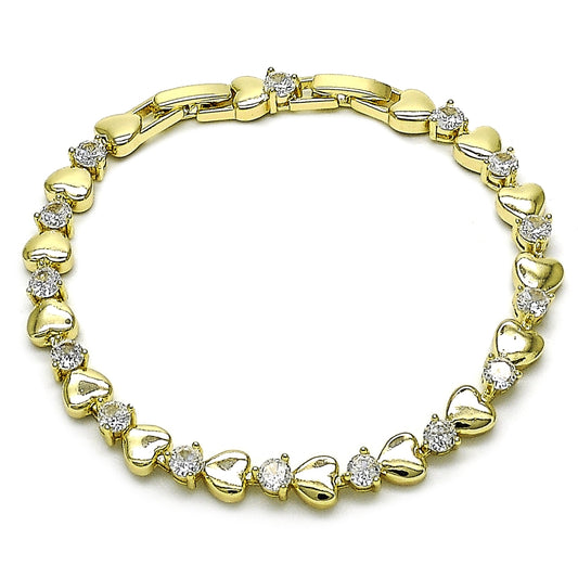 Oro Laminado Tennis Bracelet, Gold Filled Style Heart Design, with White Cubic Zirconia, Polished, Golden Finish