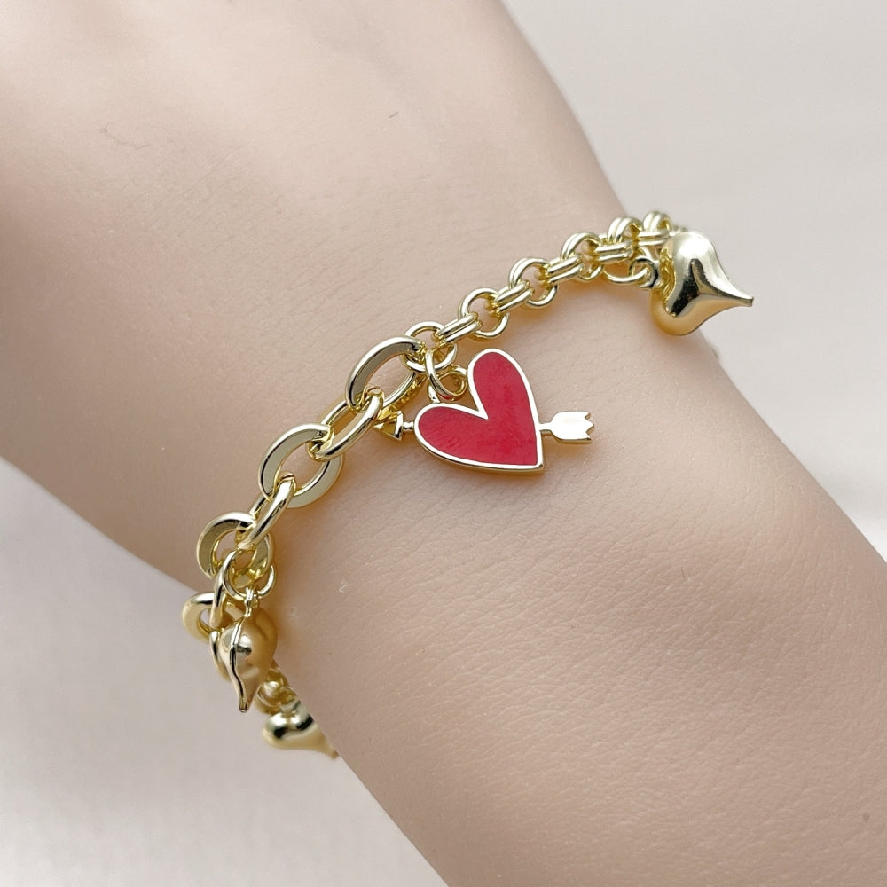 Oro Laminado Charm Bracelet, Gold Filled Style Heart Design, Red Enamel Finish, Golden Finish