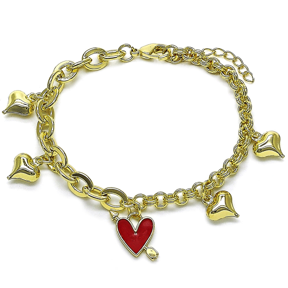 Oro Laminado Charm Bracelet, Gold Filled Style Heart Design, Red Enamel Finish, Golden Finish