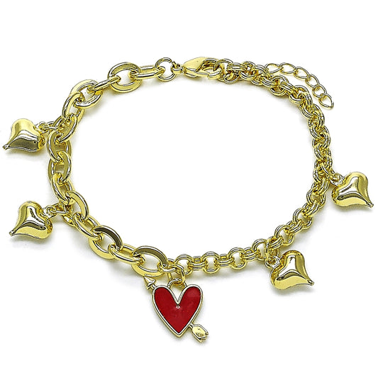Oro Laminado Charm Bracelet, Gold Filled Style Heart Design, Red Enamel Finish, Golden Finish