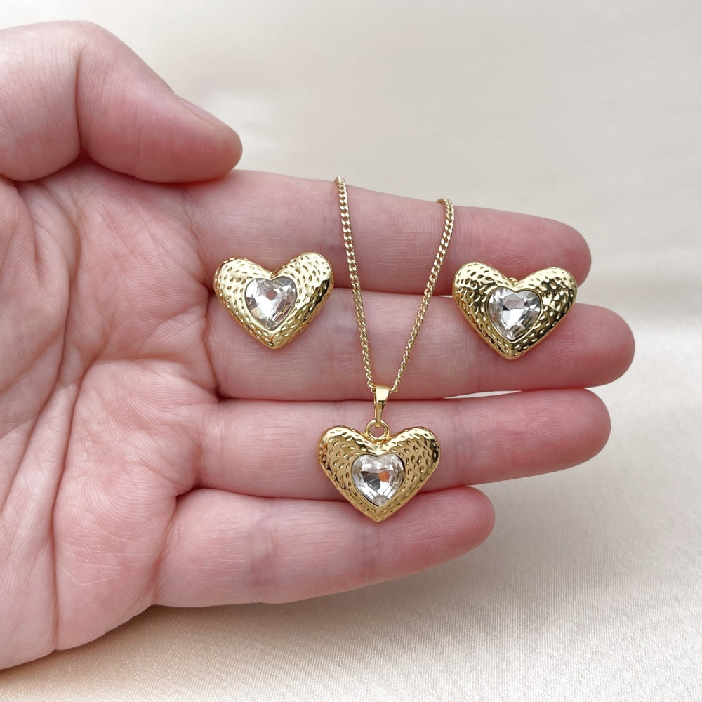 Oro Laminado Earring and Pendant Adult Set, Gold Filled Style Heart Design, with White Crystal, Polished, Golden Finish