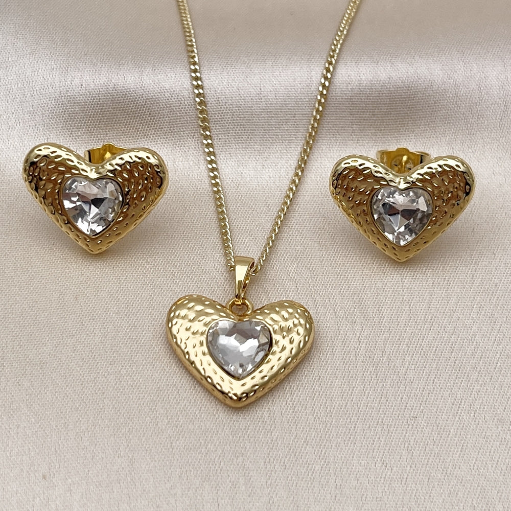 Oro Laminado Earring and Pendant Adult Set, Gold Filled Style Heart Design, with White Crystal, Polished, Golden Finish