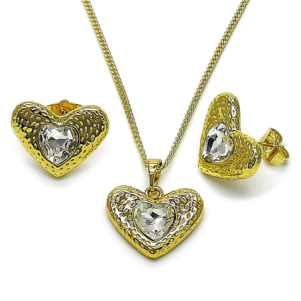 Oro Laminado Earring and Pendant Adult Set, Gold Filled Style Heart Design, with White Crystal, Polished, Golden Finish