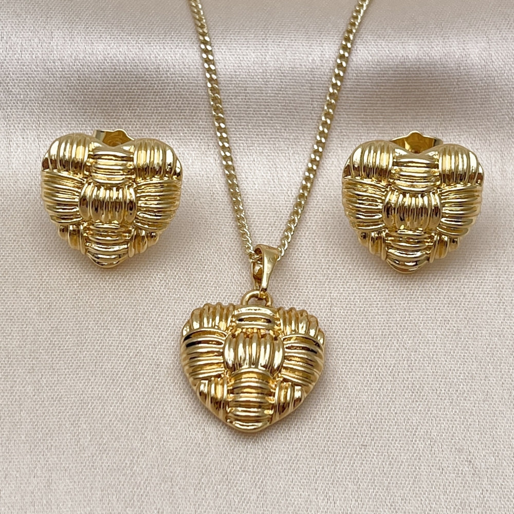 Oro Laminado Earring and Pendant Adult Set, Gold Filled Style Heart Design, Polished, Golden Finish