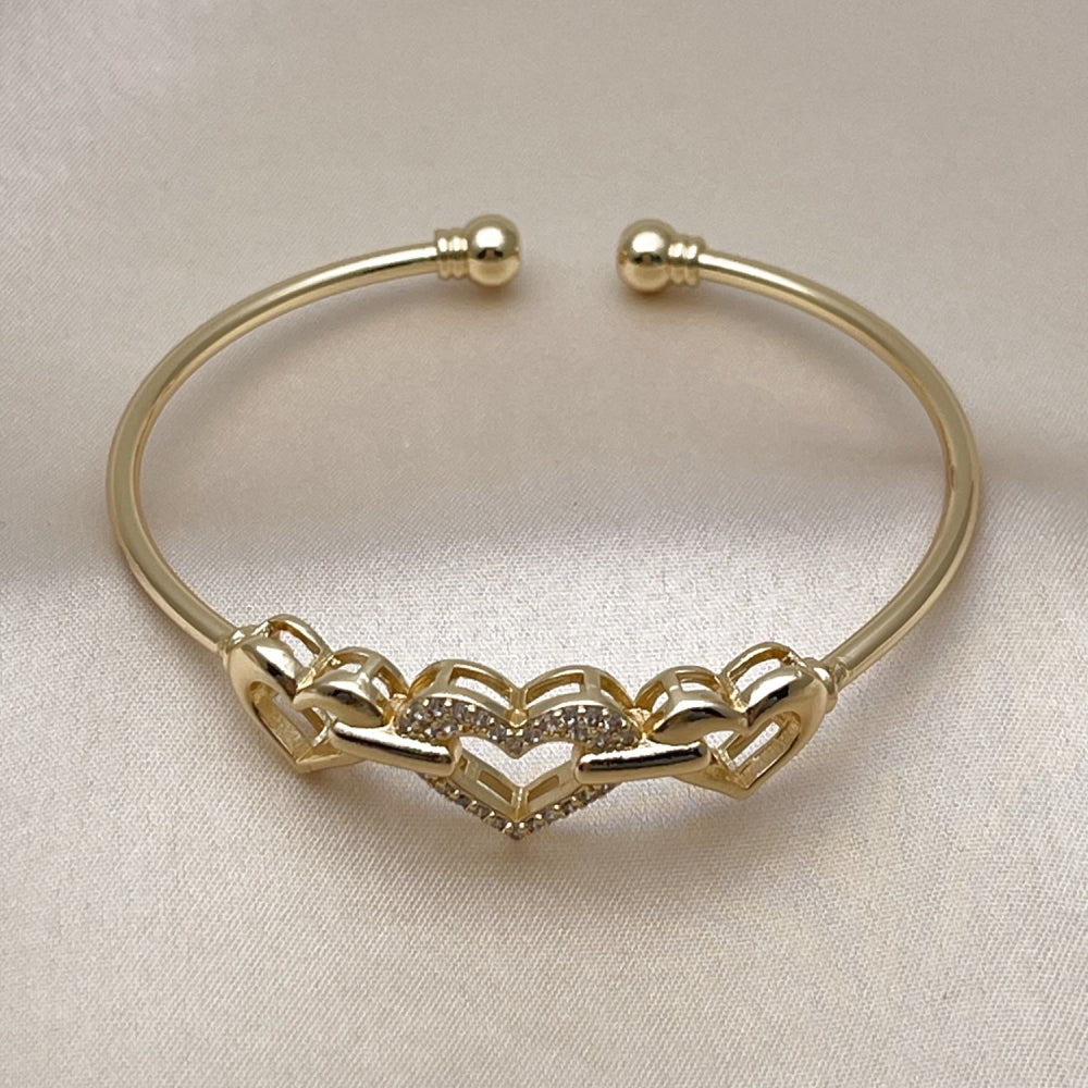 Oro Laminado Individual Bangle, Gold Filled Style Heart Design, with White Micro Pave, Polished, Golden Finish