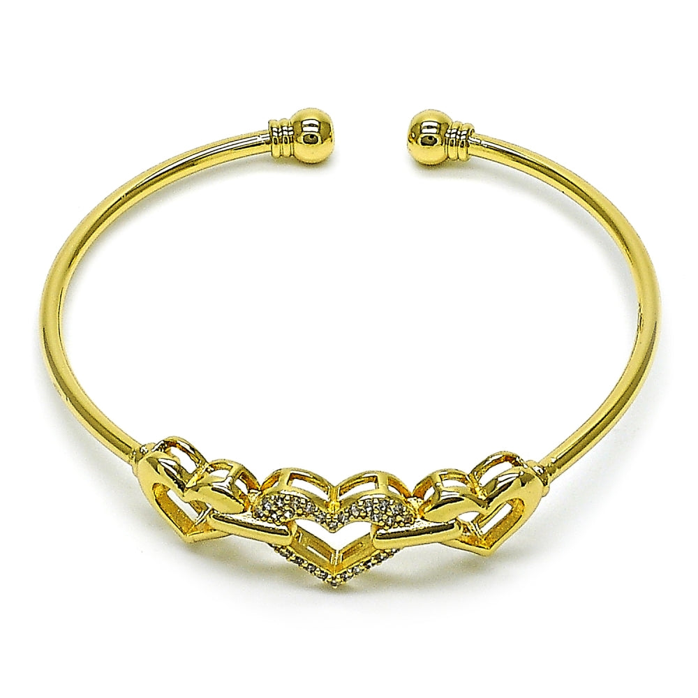 Oro Laminado Individual Bangle, Gold Filled Style Heart Design, with White Micro Pave, Polished, Golden Finish