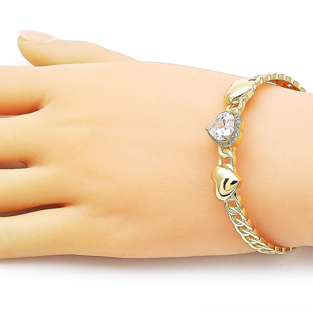 Oro Laminado Individual Bangle, Gold Filled Style Heart and Cluster Design, with White Cubic Zirconia and White Micro Pave, Polished, Golden Finish