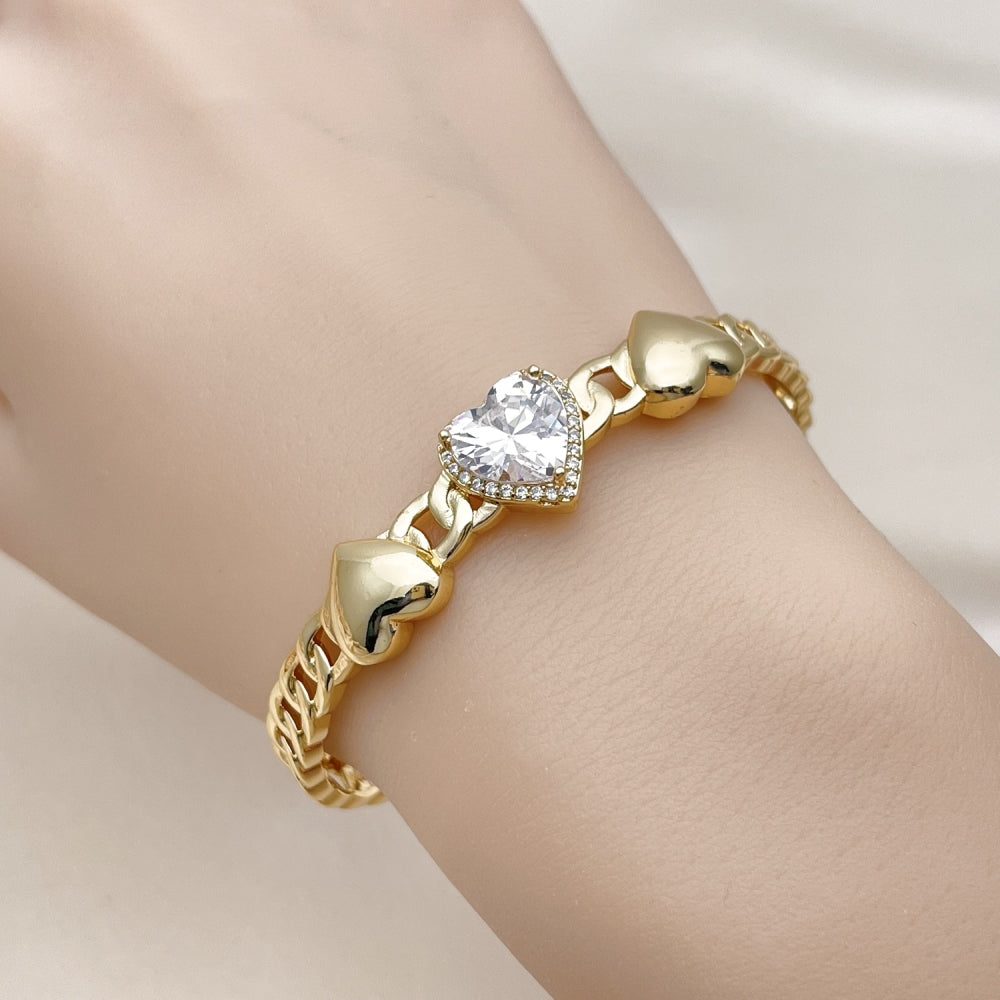 Oro Laminado Individual Bangle, Gold Filled Style Heart and Cluster Design, with White Cubic Zirconia and White Micro Pave, Polished, Golden Finish