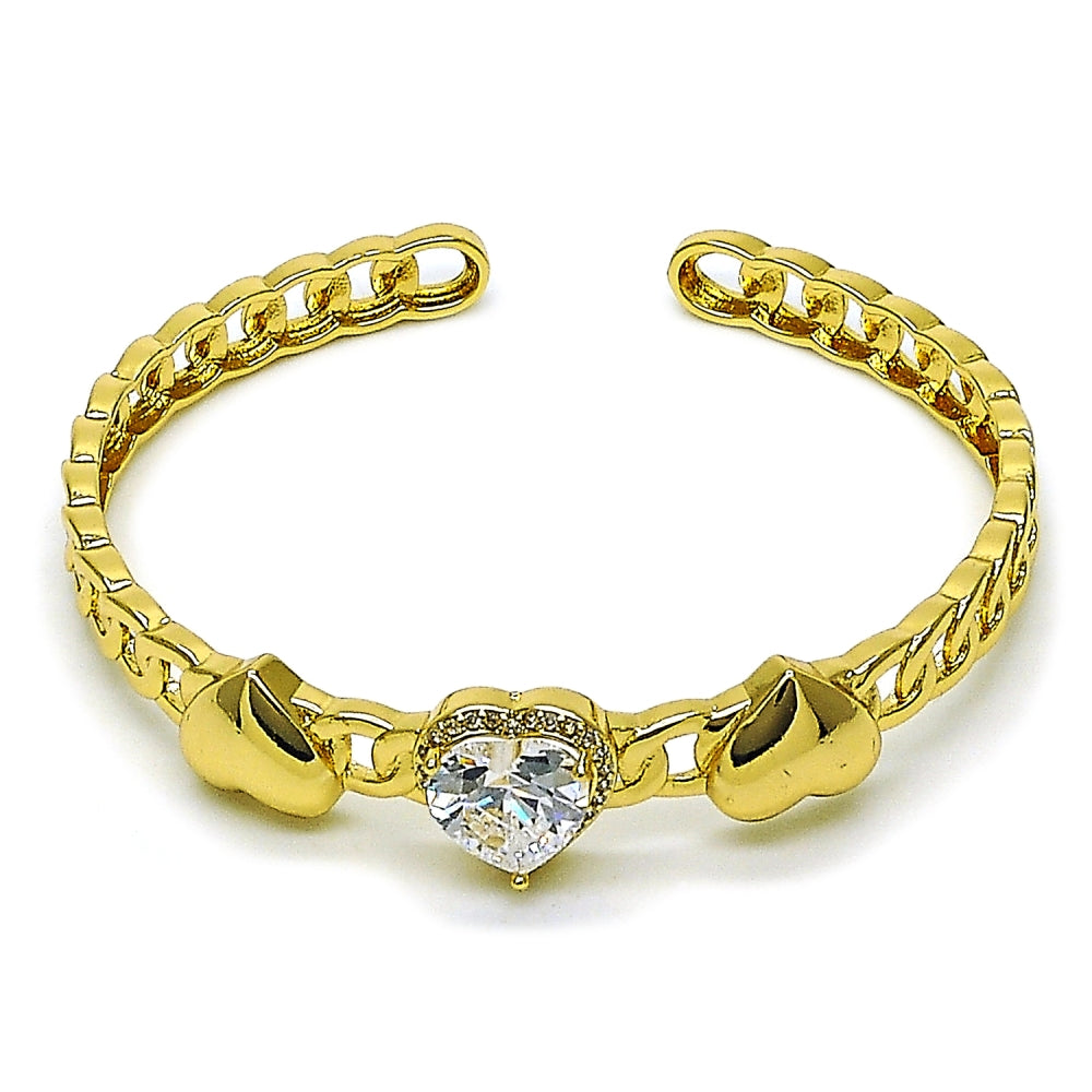 Oro Laminado Individual Bangle, Gold Filled Style Heart and Cluster Design, with White Cubic Zirconia and White Micro Pave, Polished, Golden Finish