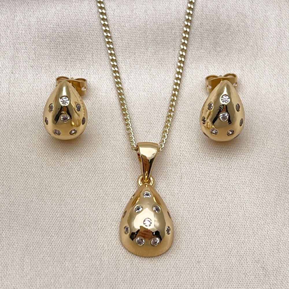 Oro Laminado Earring and Pendant Adult Set, Gold Filled Style Teardrop Design, with White Cubic Zirconia, Polished, Golden Finish