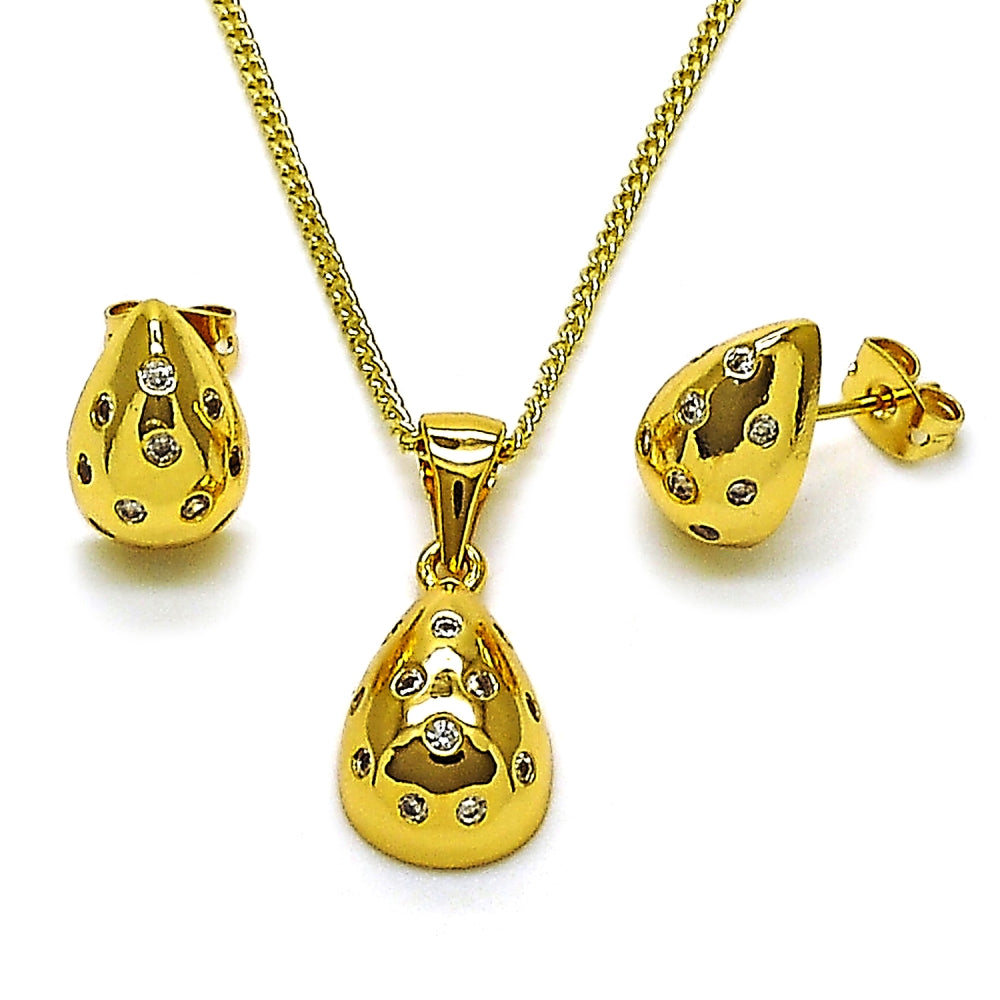 Oro Laminado Earring and Pendant Adult Set, Gold Filled Style Teardrop Design, with White Cubic Zirconia, Polished, Golden Finish