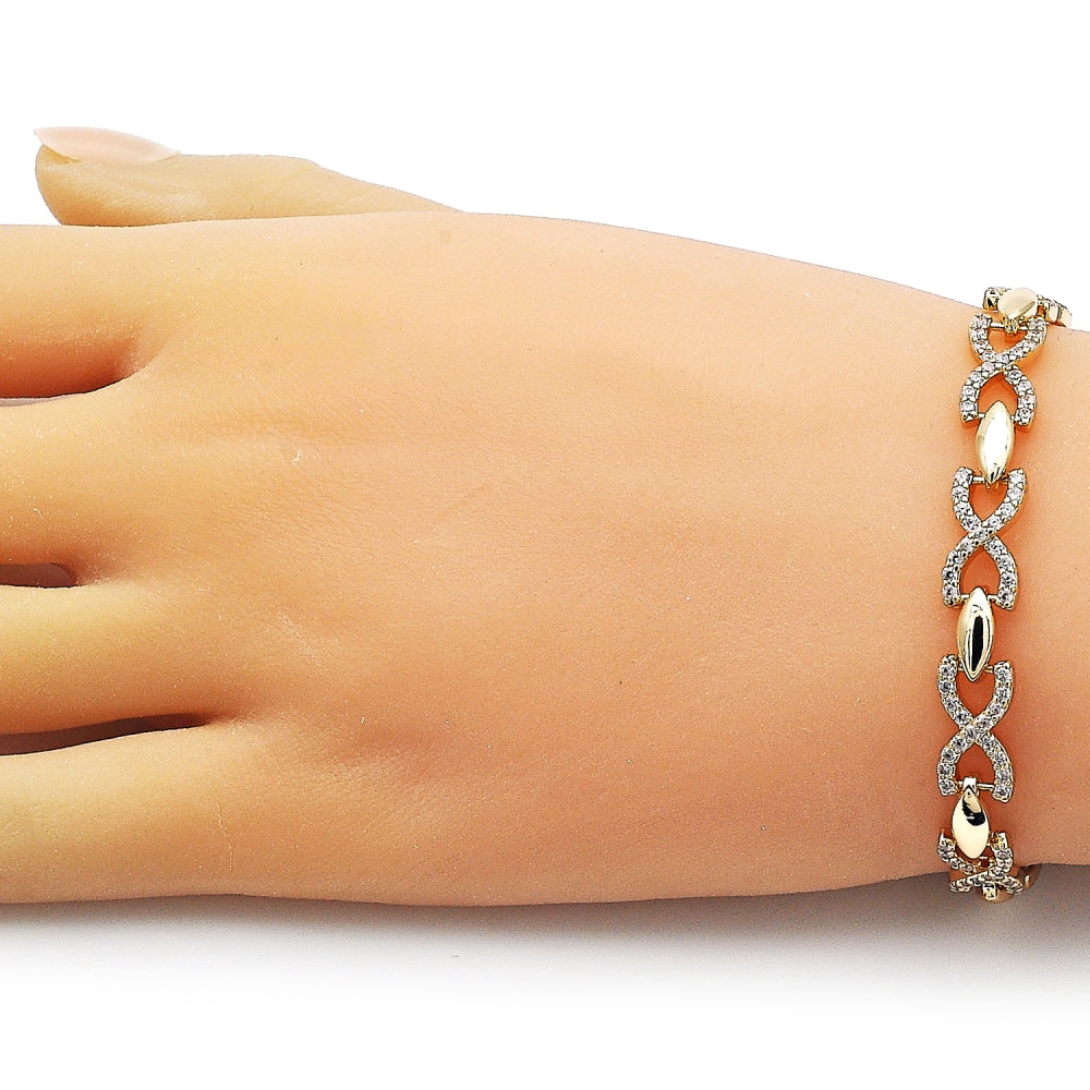 Oro Laminado Tennis Bracelet, Gold Filled Style Infinite and Hugs and Kisses Design, with White Cubic Zirconia, Polished, Golden Finish
