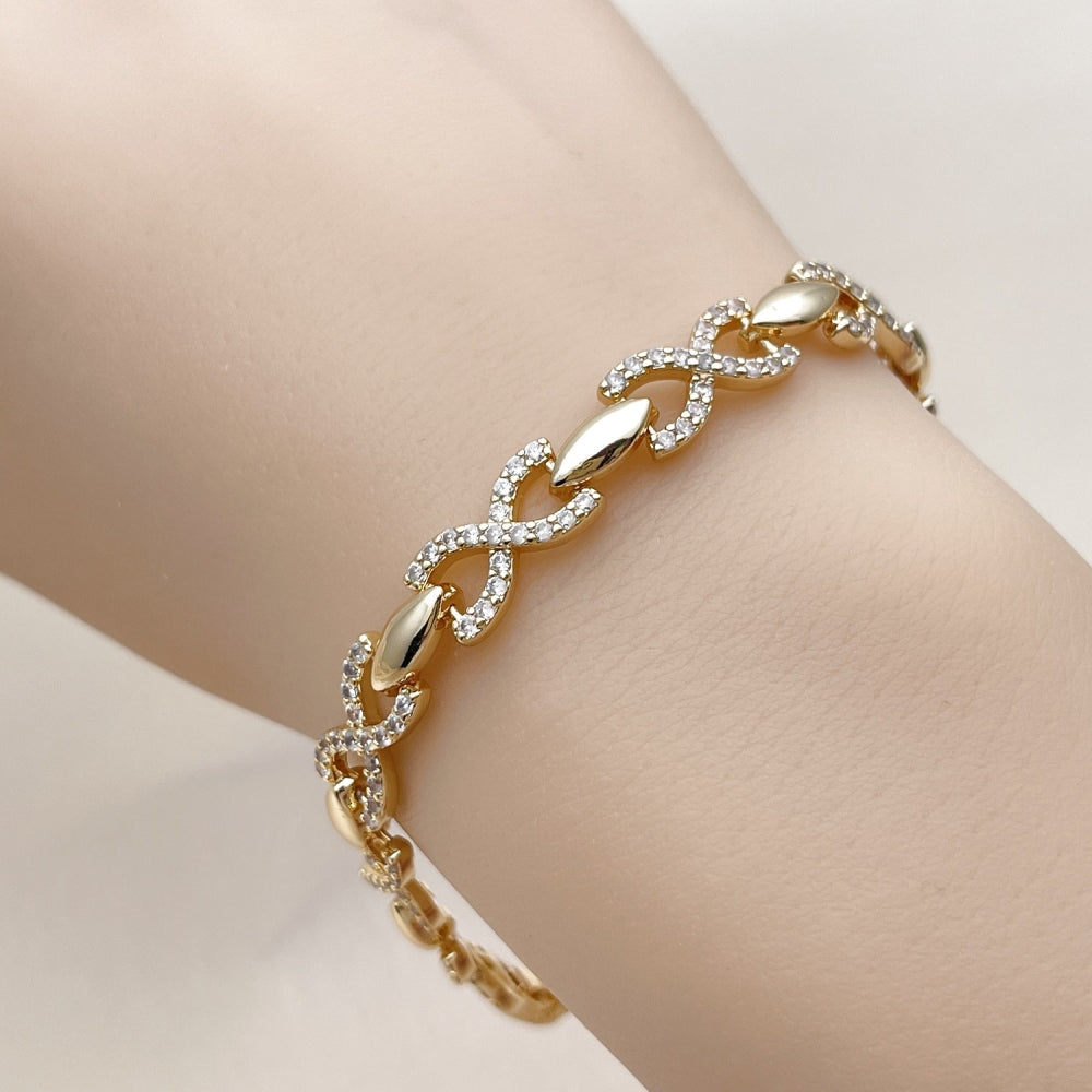 Oro Laminado Tennis Bracelet, Gold Filled Style Infinite and Hugs and Kisses Design, with White Cubic Zirconia, Polished, Golden Finish