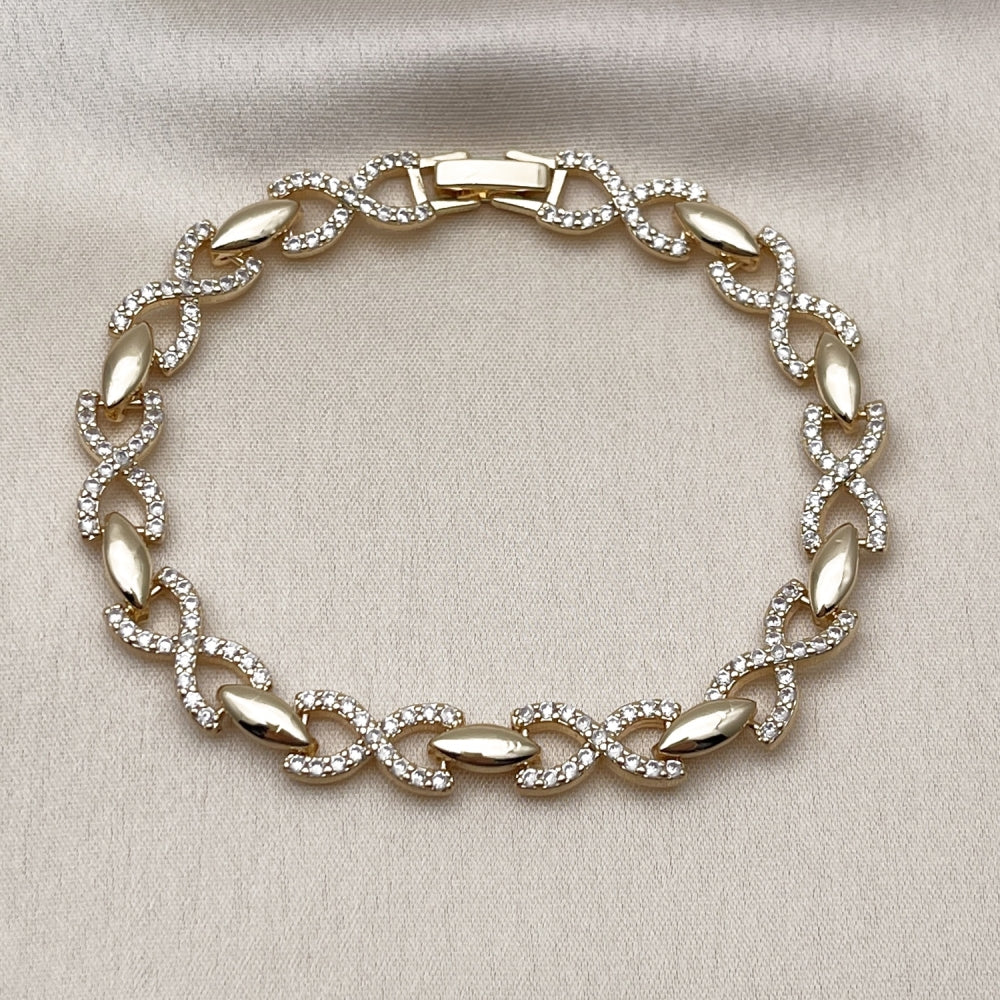 Oro Laminado Tennis Bracelet, Gold Filled Style Infinite and Hugs and Kisses Design, with White Cubic Zirconia, Polished, Golden Finish