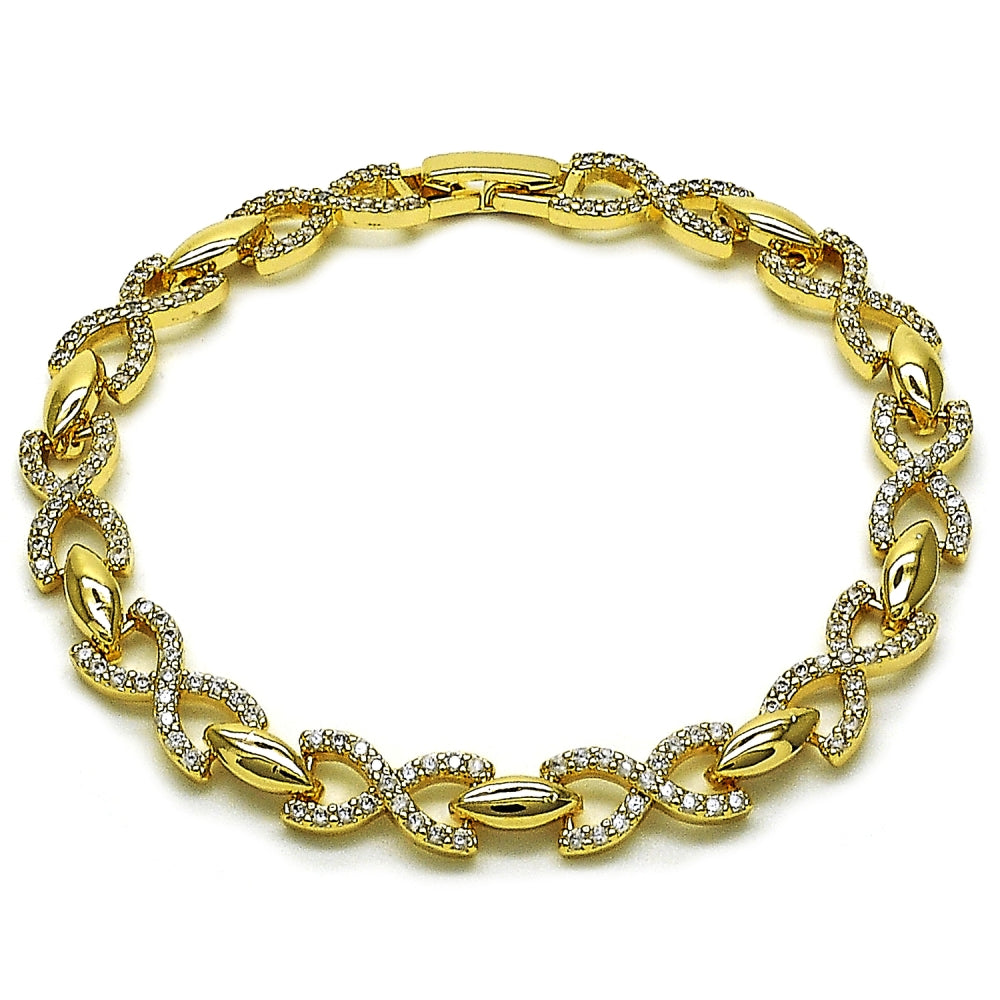 Oro Laminado Tennis Bracelet, Gold Filled Style Infinite and Hugs and Kisses Design, with White Cubic Zirconia, Polished, Golden Finish