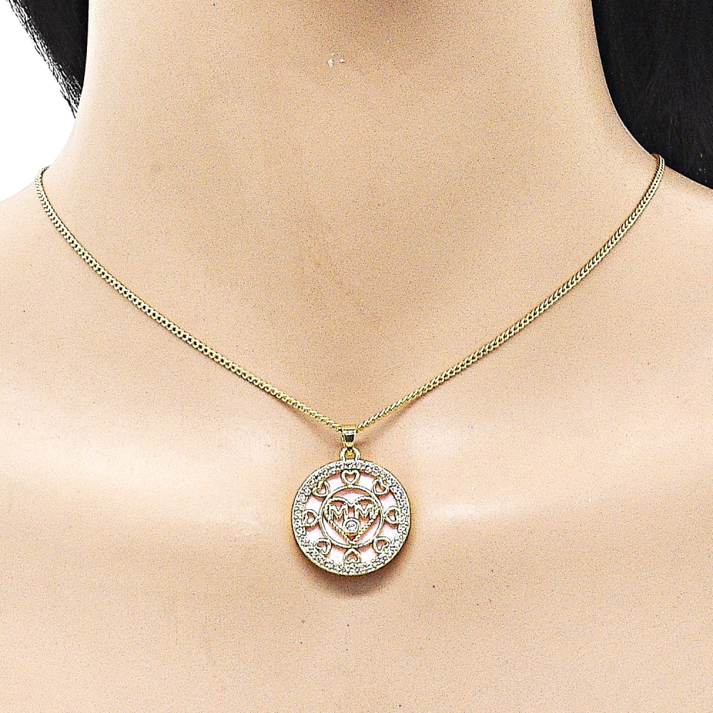Oro Laminado Pendant Necklace, Gold Filled Style Mom and Heart Design, with Pink Mother of Pearl and White Cubic Zirconia, Polished, Golden Finish