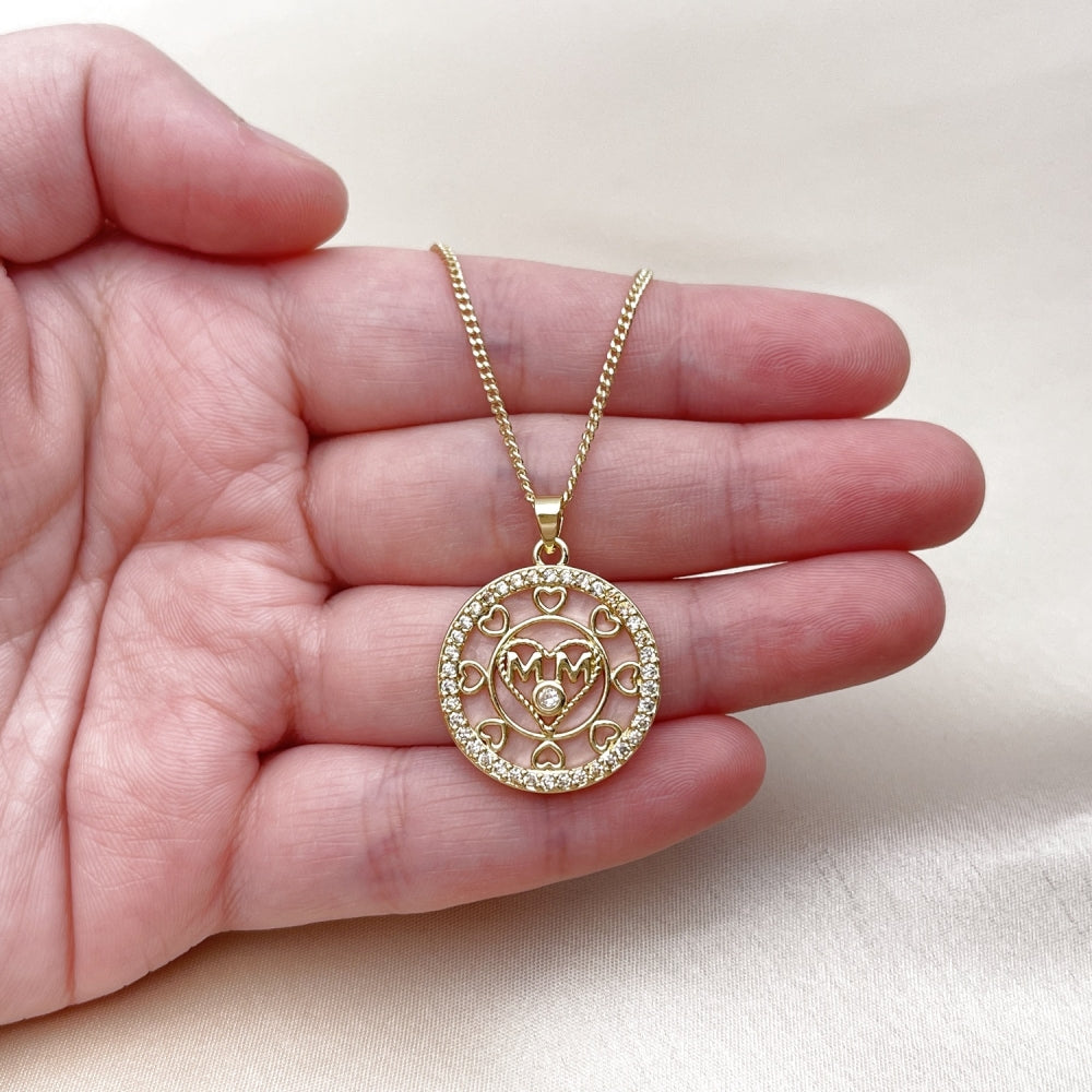 Oro Laminado Pendant Necklace, Gold Filled Style Mom and Heart Design, with Pink Mother of Pearl and White Cubic Zirconia, Polished, Golden Finish