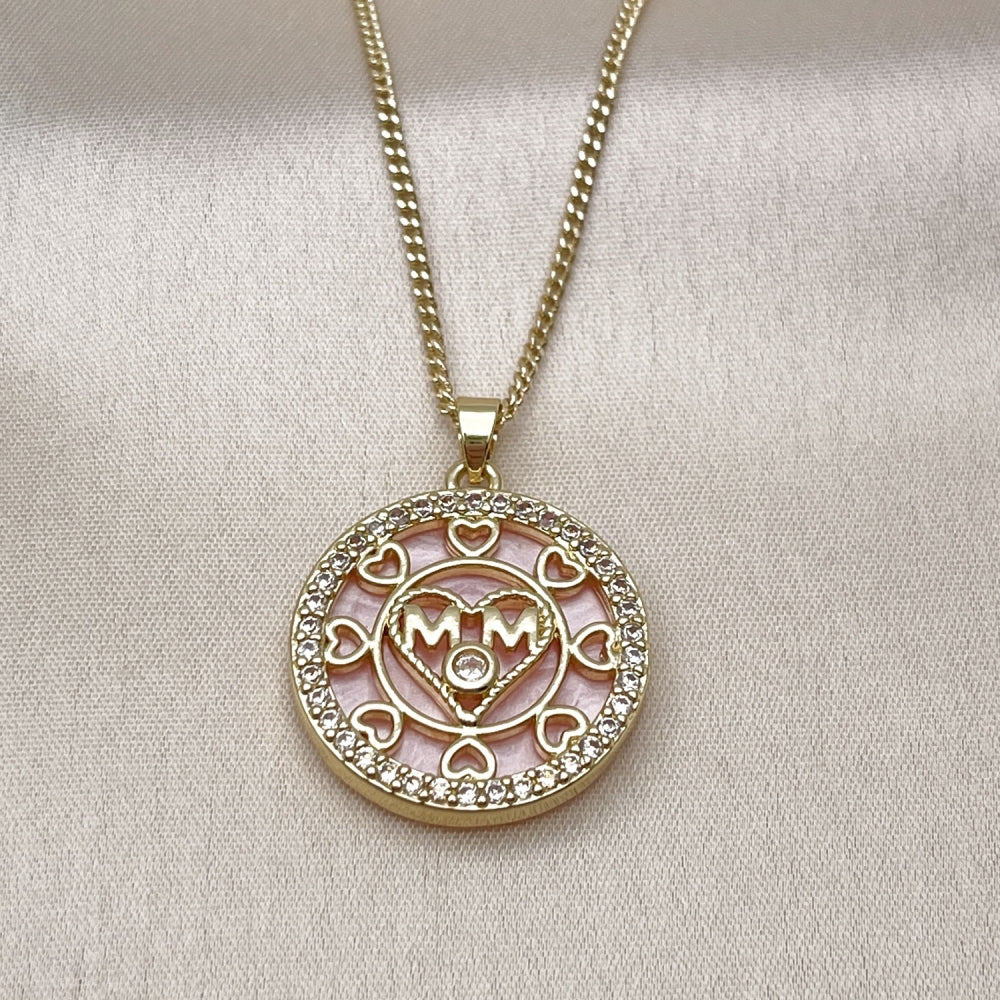 Oro Laminado Pendant Necklace, Gold Filled Style Mom and Heart Design, with Pink Mother of Pearl and White Cubic Zirconia, Polished, Golden Finish