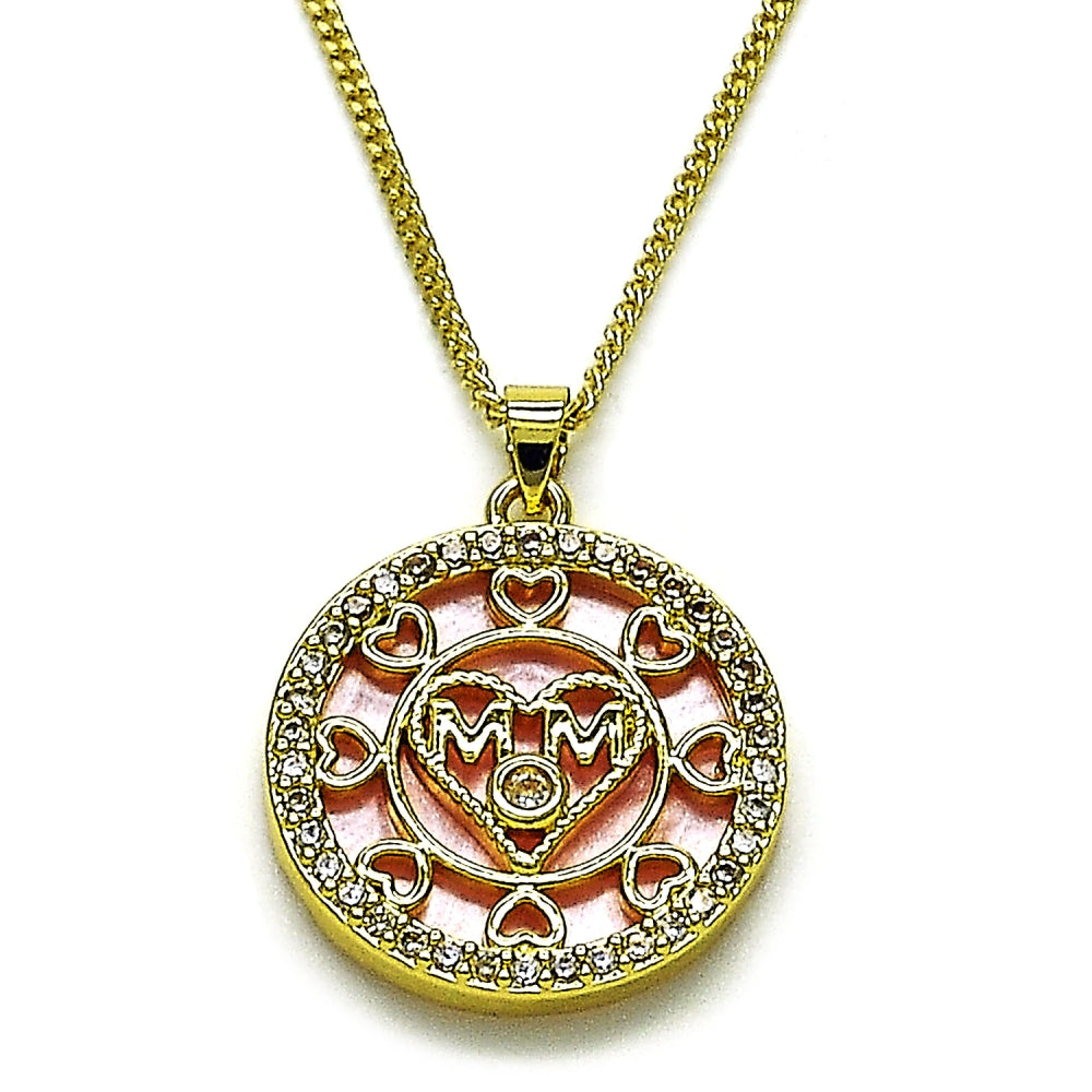 Oro Laminado Pendant Necklace, Gold Filled Style Mom and Heart Design, with Pink Mother of Pearl and White Cubic Zirconia, Polished, Golden Finish