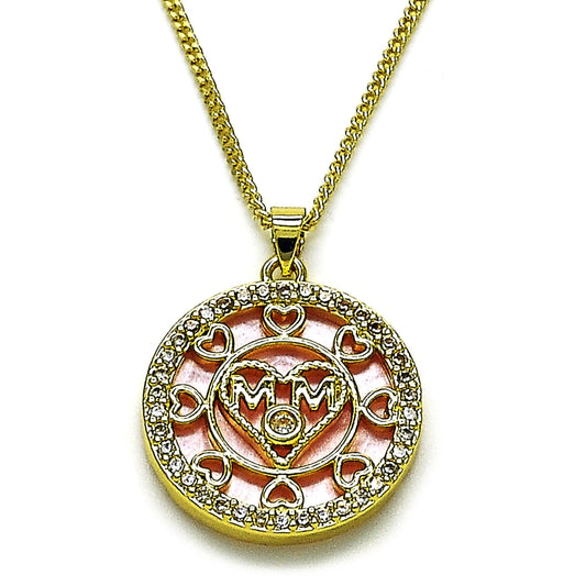 Oro Laminado Pendant Necklace, Gold Filled Style Mom and Heart Design, with Pink Mother of Pearl and White Cubic Zirconia, Polished, Golden Finish