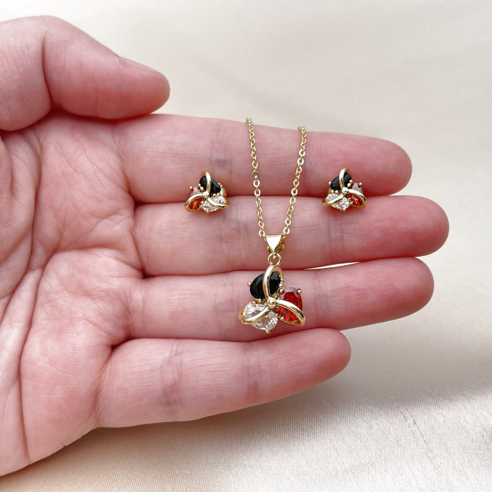 Oro Laminado Earring and Pendant Adult Set, Gold Filled Style Love Knot Design, with White and Black Cubic Zirconia, Polished, Golden Finish