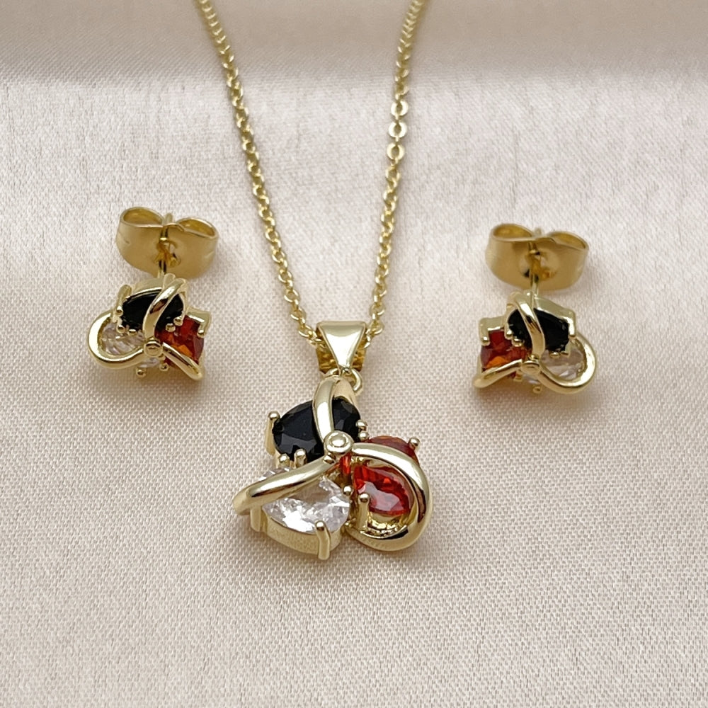 Oro Laminado Earring and Pendant Adult Set, Gold Filled Style Love Knot Design, with White and Black Cubic Zirconia, Polished, Golden Finish