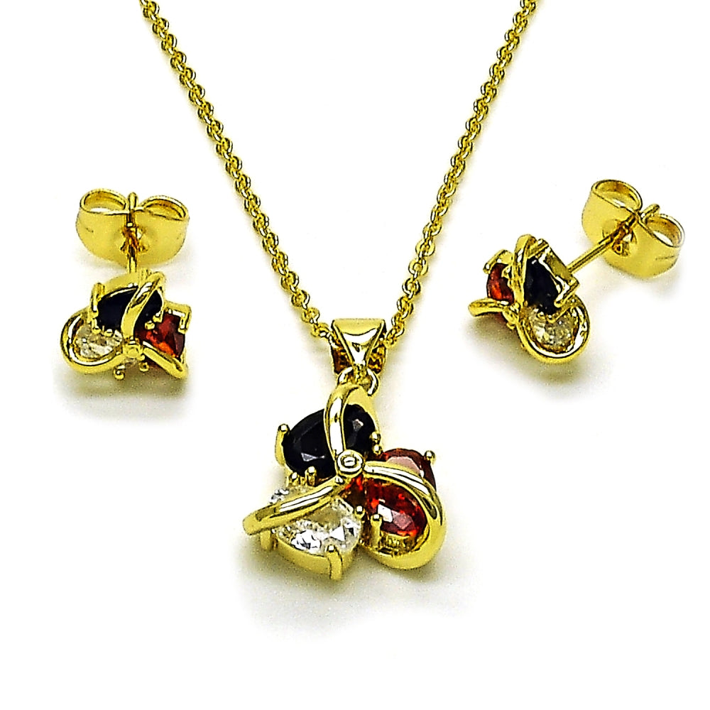 Oro Laminado Earring and Pendant Adult Set, Gold Filled Style Love Knot Design, with White and Black Cubic Zirconia, Polished, Golden Finish